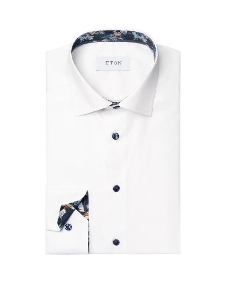 Contemporary White Floral Print Effect Solid Signature Twill Shirt