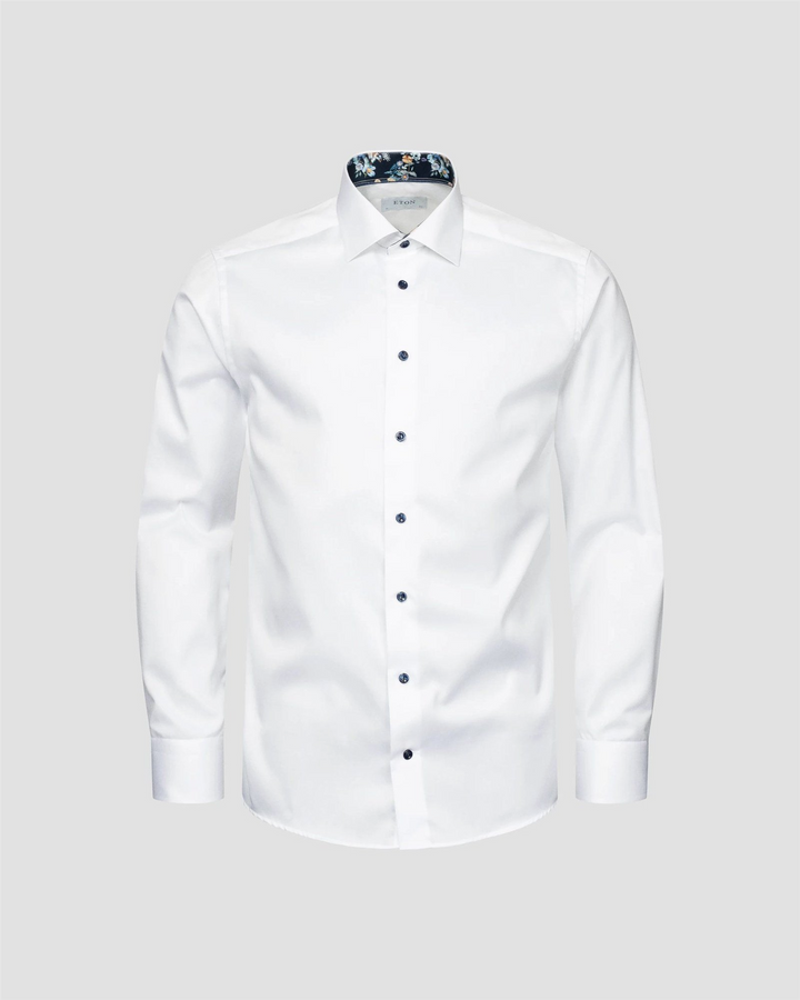 Slim White Floral Print Effect Solid Signature Twill Shirt